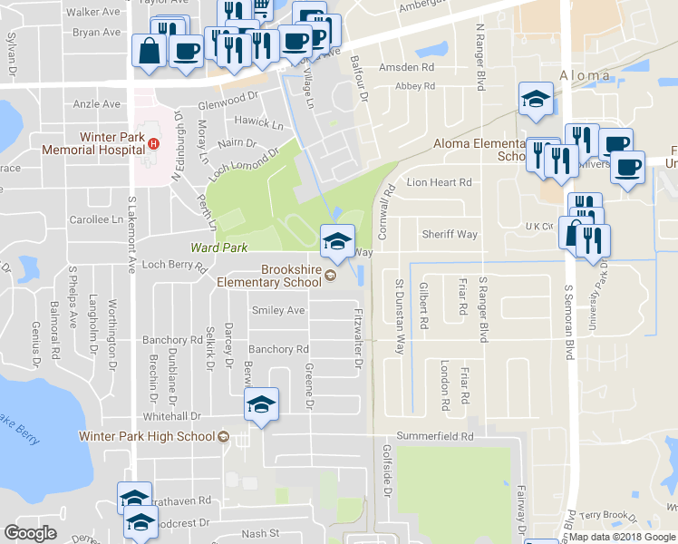 map of restaurants, bars, coffee shops, grocery stores, and more near 400 Greene Drive in Winter Park