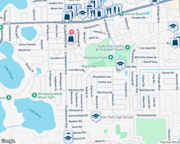 map of restaurants, bars, coffee shops, grocery stores, and more near 382 Perth Lane in Winter Park
