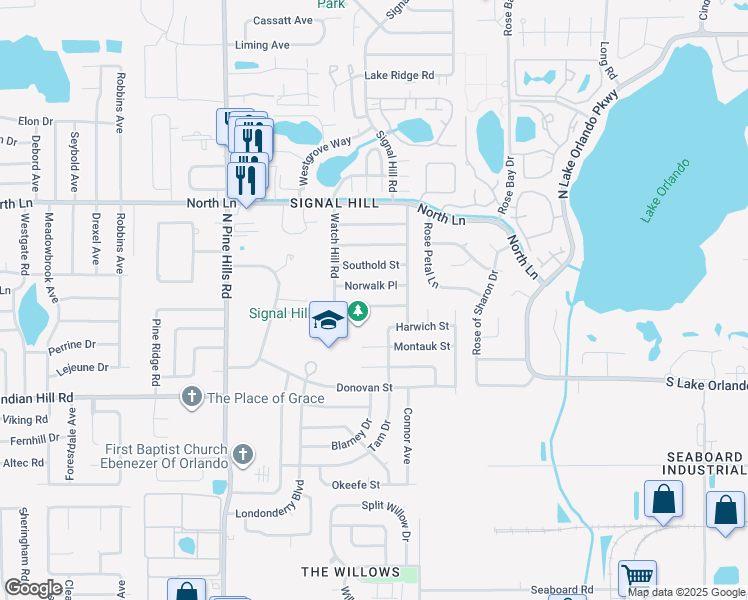 map of restaurants, bars, coffee shops, grocery stores, and more near 4818 Norwalk Place in Orlando