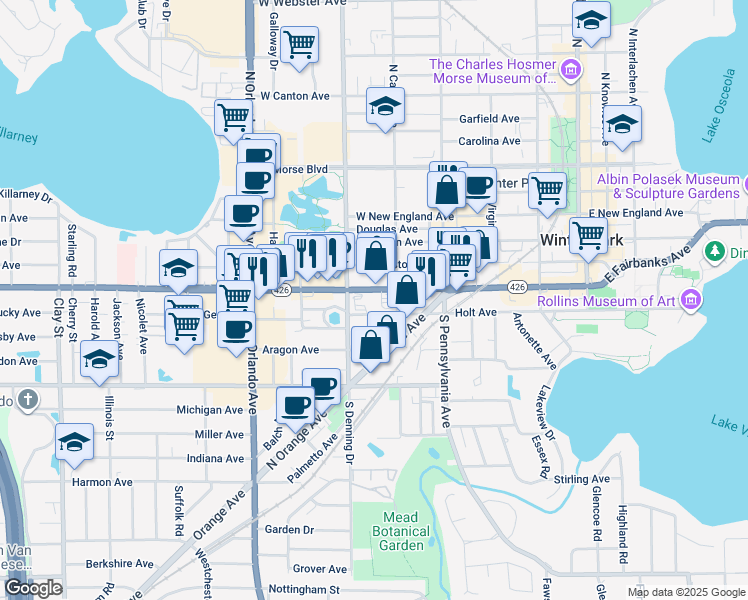 map of restaurants, bars, coffee shops, grocery stores, and more near 860 West Fairbanks Avenue in Winter Park