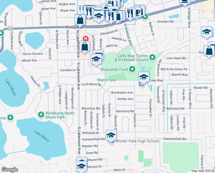 map of restaurants, bars, coffee shops, grocery stores, and more near 382 Perth Lane in Winter Park