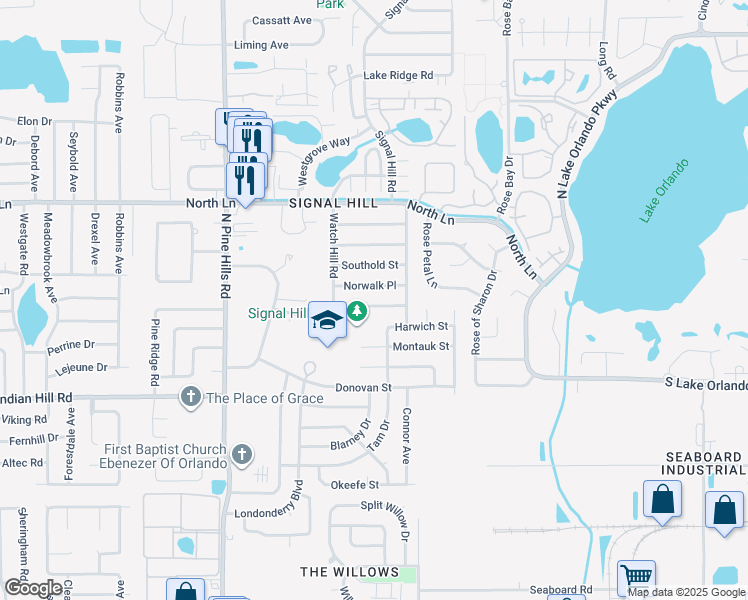 map of restaurants, bars, coffee shops, grocery stores, and more near 4818 Norwalk Place in Orlando