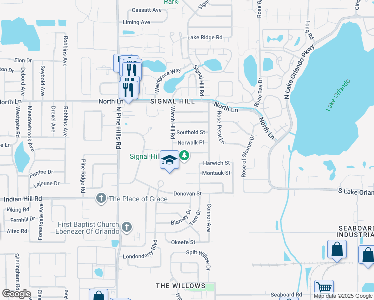 map of restaurants, bars, coffee shops, grocery stores, and more near 4818 Norwalk Place in Orlando