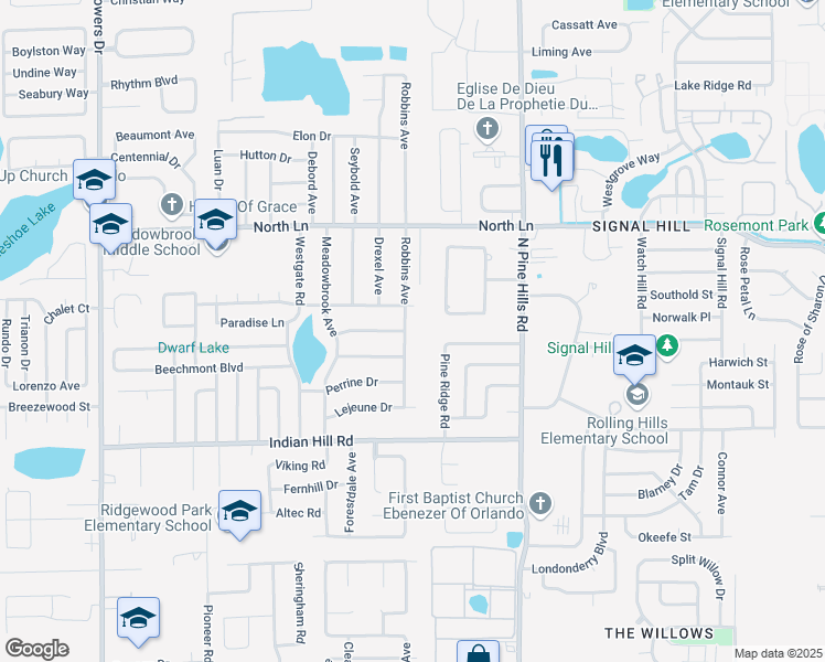 map of restaurants, bars, coffee shops, grocery stores, and more near 4005 Robbins Avenue in Orlando