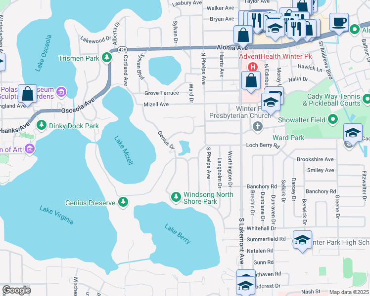 map of restaurants, bars, coffee shops, grocery stores, and more near 390 Genius Drive in Winter Park