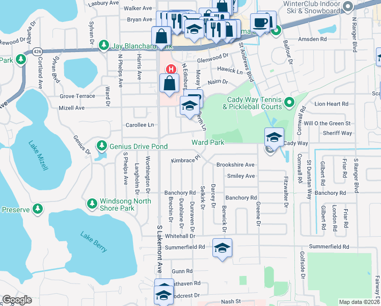 map of restaurants, bars, coffee shops, grocery stores, and more near 2006 Loch Berry Road in Winter Park
