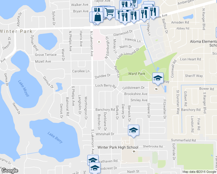map of restaurants, bars, coffee shops, grocery stores, and more near 2006 Loch Berry Road in Winter Park