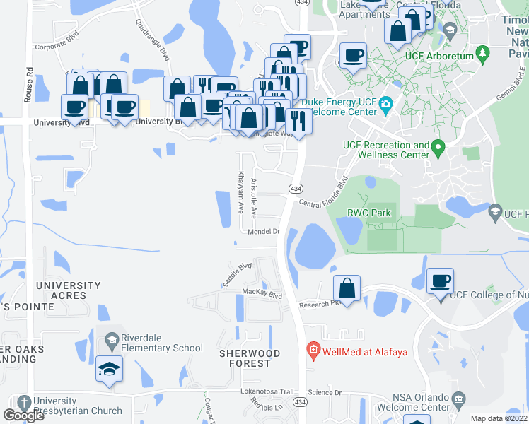 map of restaurants, bars, coffee shops, grocery stores, and more near 7 Darwin Drive in Orlando
