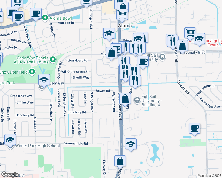 map of restaurants, bars, coffee shops, grocery stores, and more near 2963 Bower Road in Winter Park