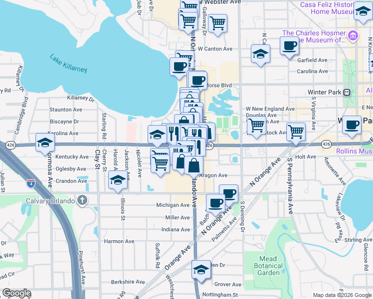 map of restaurants, bars, coffee shops, grocery stores, and more near 1245 West Fairbanks Avenue in Winter Park