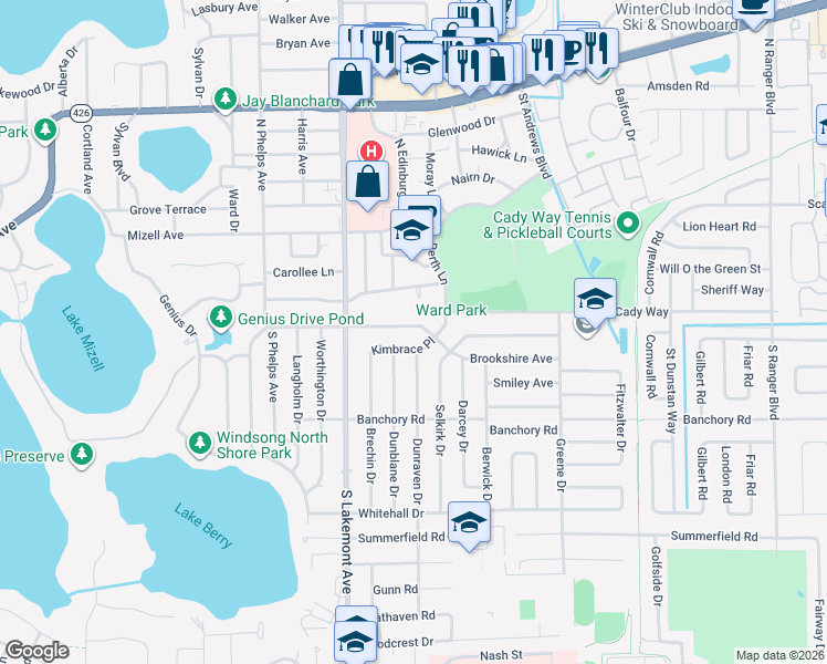 map of restaurants, bars, coffee shops, grocery stores, and more near 2006 Loch Berry Road in Winter Park