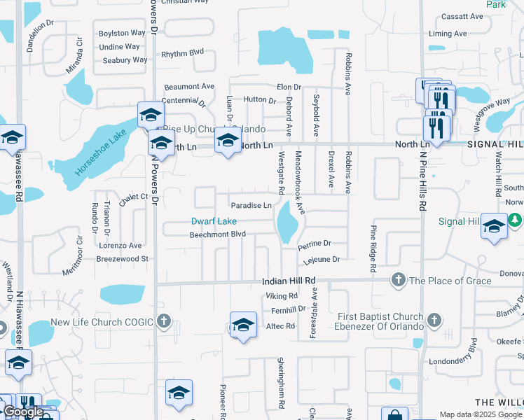 map of restaurants, bars, coffee shops, grocery stores, and more near 5900 Paradise Lane in Orlando
