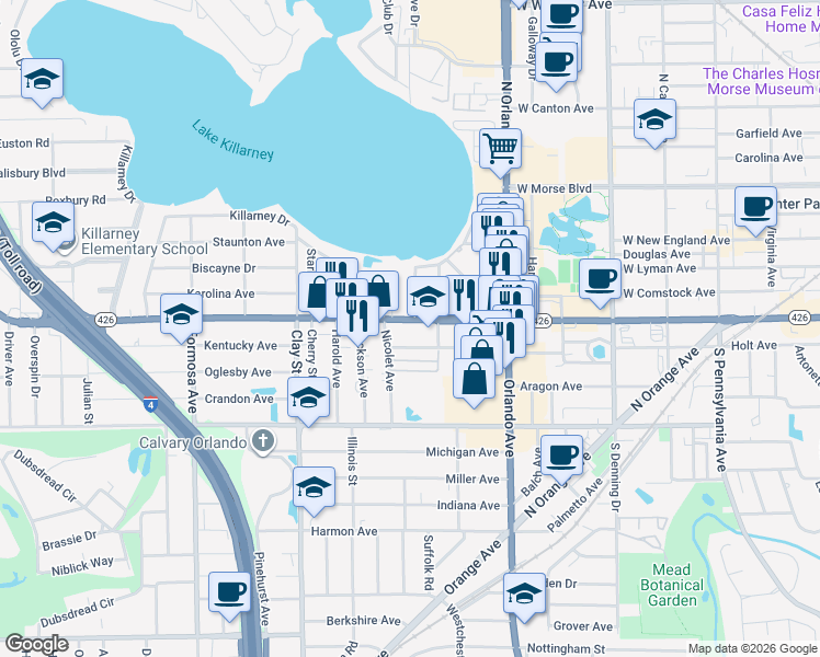 map of restaurants, bars, coffee shops, grocery stores, and more near 1470 West Fairbanks Avenue in Winter Park