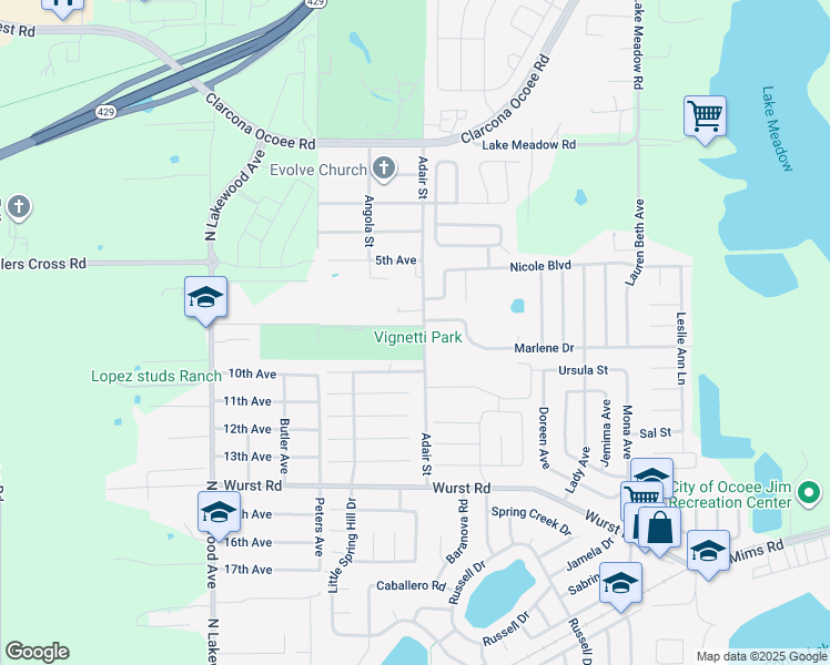 map of restaurants, bars, coffee shops, grocery stores, and more near 1910 Adair Street in Ocoee