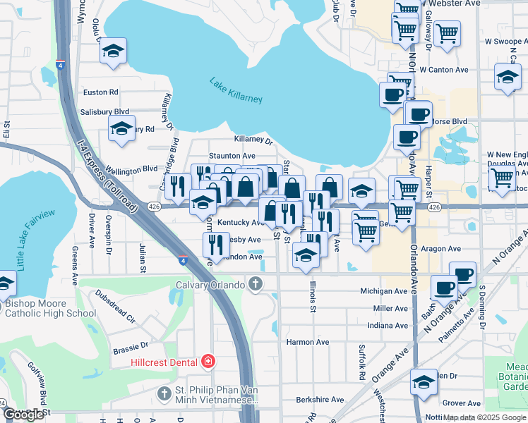 map of restaurants, bars, coffee shops, grocery stores, and more near 1800 West Fairbanks Avenue in Winter Park
