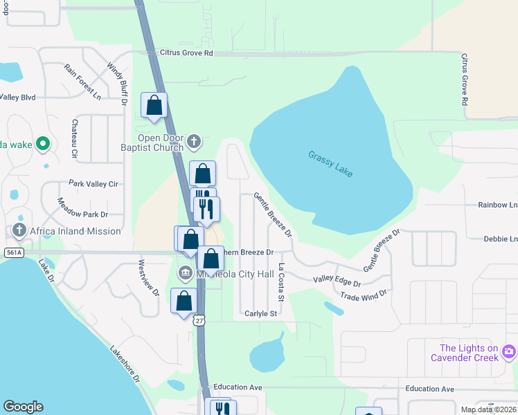 map of restaurants, bars, coffee shops, grocery stores, and more near 124 Gentle Breeze Drive in Minneola