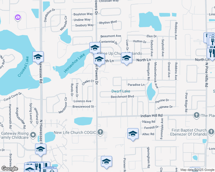 map of restaurants, bars, coffee shops, grocery stores, and more near 3768 Powers Ridge Court in Orlando