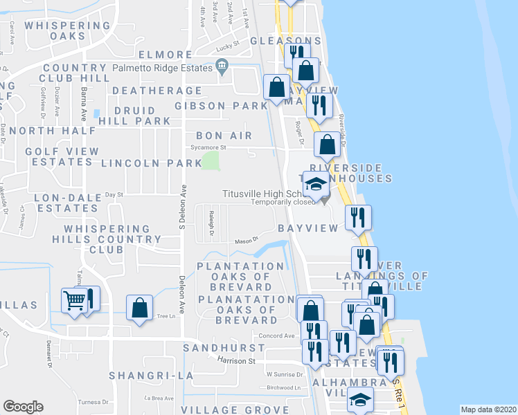 map of restaurants, bars, coffee shops, grocery stores, and more near 437 Mason Drive in Titusville