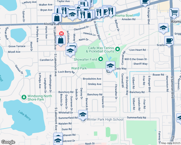 map of restaurants, bars, coffee shops, grocery stores, and more near 2315 Coldstream Drive in Winter Park