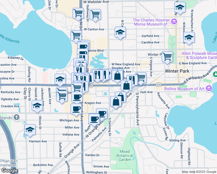 map of restaurants, bars, coffee shops, grocery stores, and more near 912 West Fairbanks Avenue in Winter Park