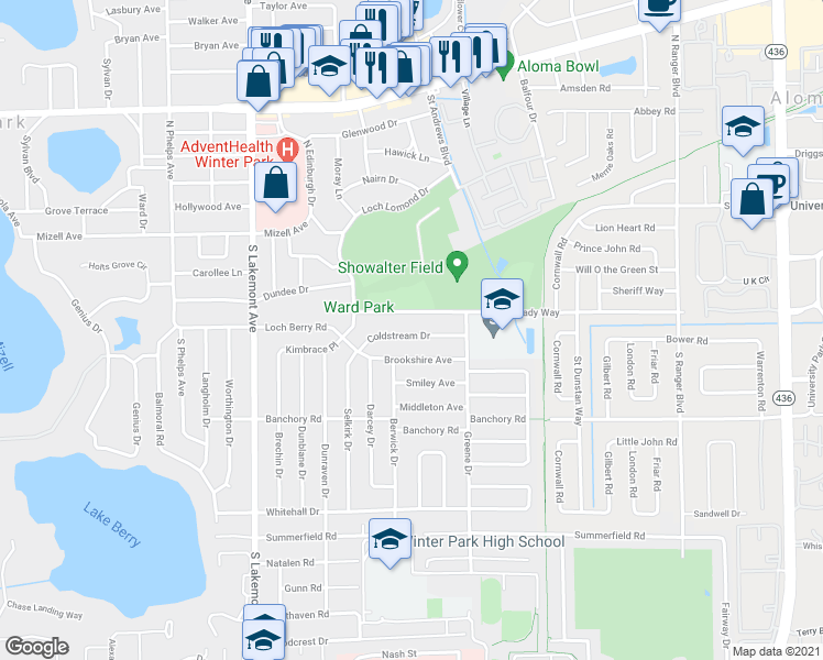 map of restaurants, bars, coffee shops, grocery stores, and more near 2315 Coldstream Drive in Winter Park