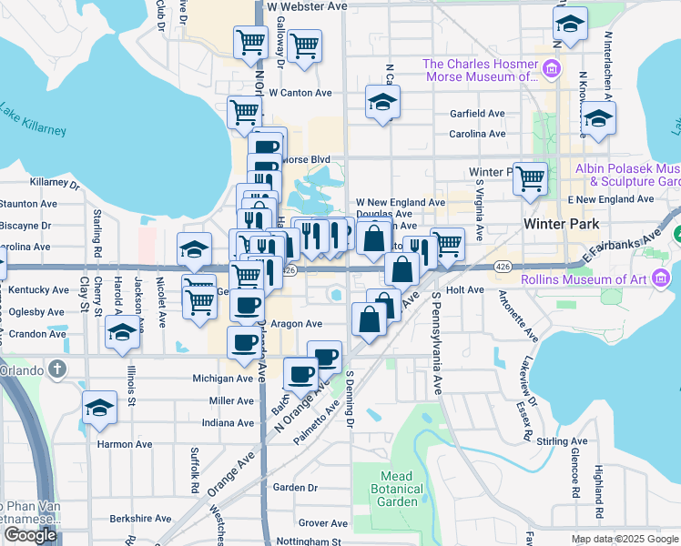 map of restaurants, bars, coffee shops, grocery stores, and more near 912 West Fairbanks Avenue in Winter Park