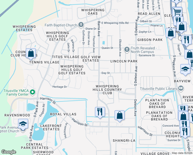 map of restaurants, bars, coffee shops, grocery stores, and more near 1645 Leach Circle in Titusville