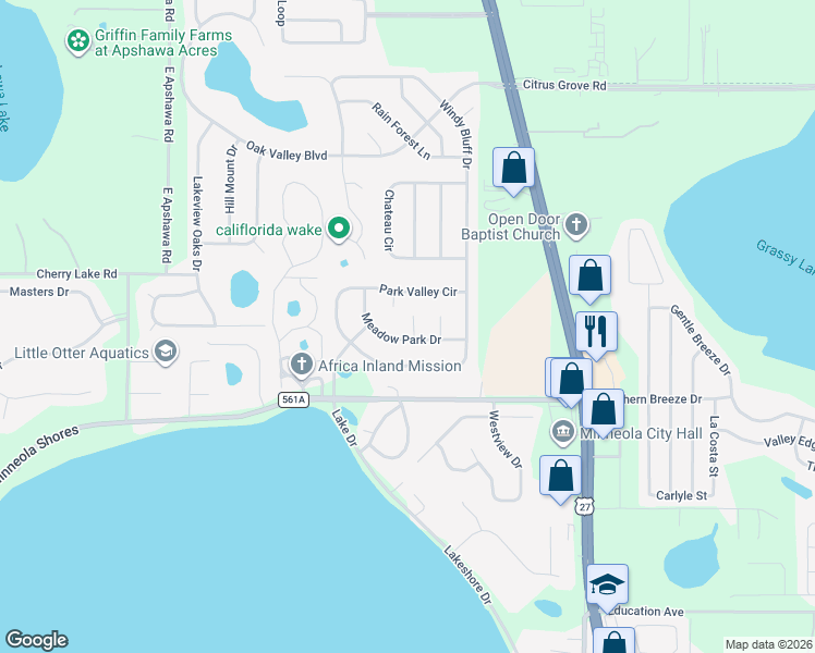 map of restaurants, bars, coffee shops, grocery stores, and more near 1015 High Ridge Court in Minneola