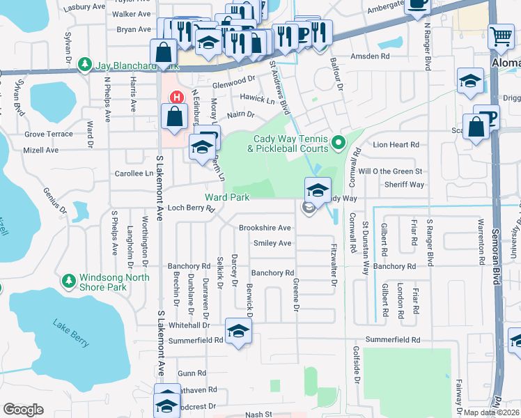 map of restaurants, bars, coffee shops, grocery stores, and more near 2255 Coldstream Drive in Winter Park