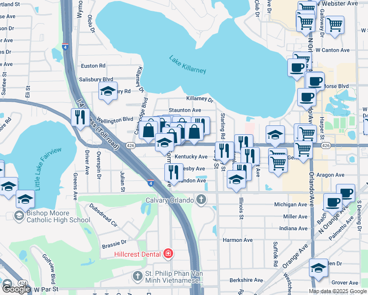 map of restaurants, bars, coffee shops, grocery stores, and more near 2005 Kentucky Avenue in Winter Park