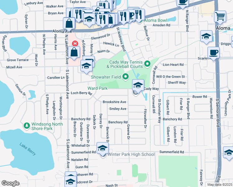 map of restaurants, bars, coffee shops, grocery stores, and more near 2315 Coldstream Drive in Winter Park