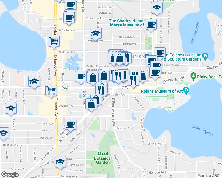 map of restaurants, bars, coffee shops, grocery stores, and more near 610 West Fairbanks Avenue in Winter Park