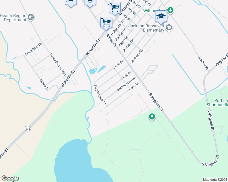 map of restaurants, bars, coffee shops, grocery stores, and more near 2215 McPherson Drive in Port Lavaca