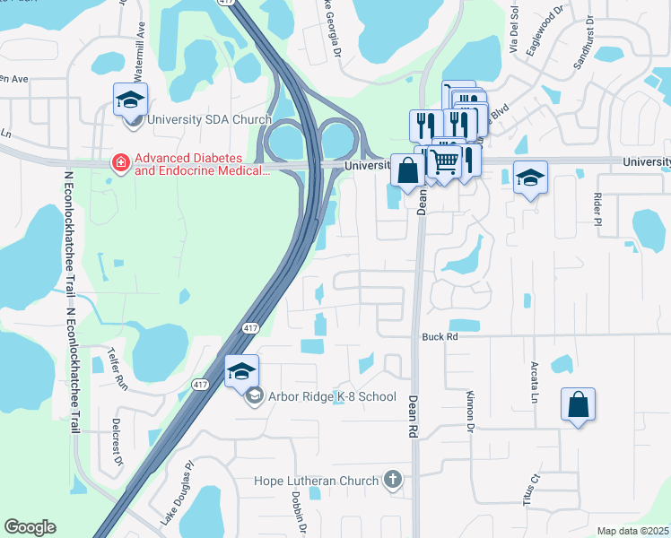 map of restaurants, bars, coffee shops, grocery stores, and more near 9864 Balmoral Circle in Orlando