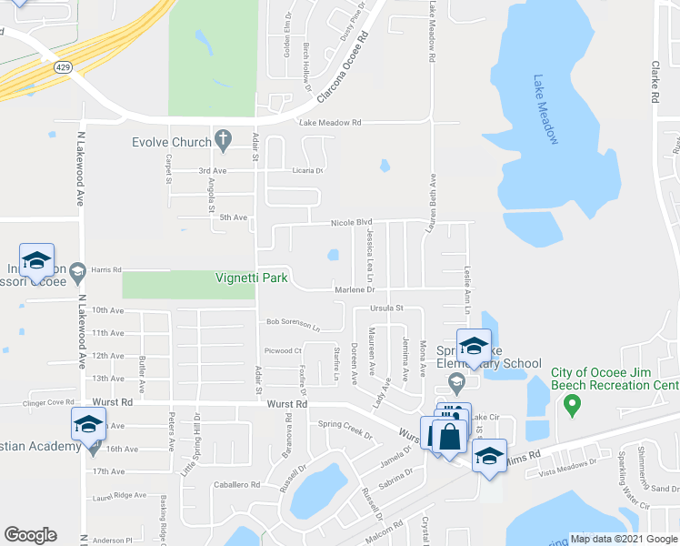 map of restaurants, bars, coffee shops, grocery stores, and more near 1617 Doris Ann Court in Ocoee