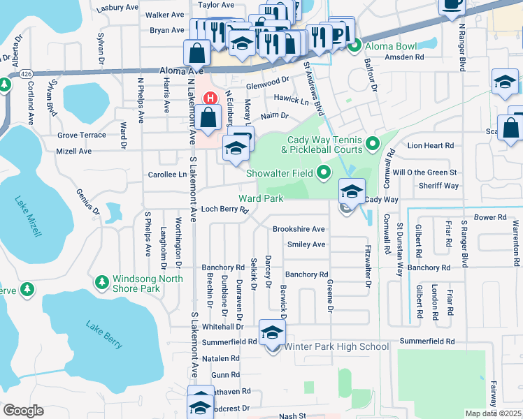 map of restaurants, bars, coffee shops, grocery stores, and more near 382 Perth Lane in Winter Park