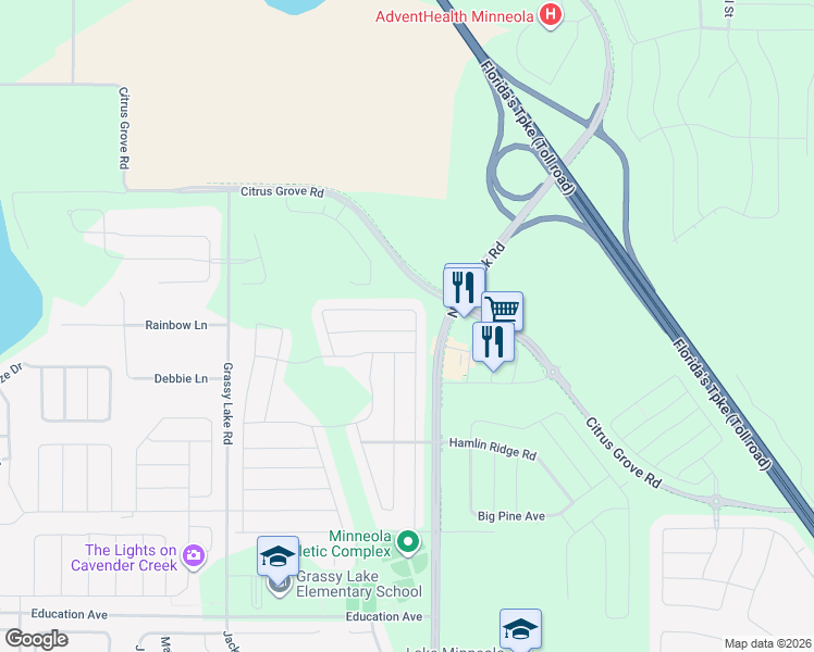 map of restaurants, bars, coffee shops, grocery stores, and more near 1052 Thunderhead Lane in Minneola