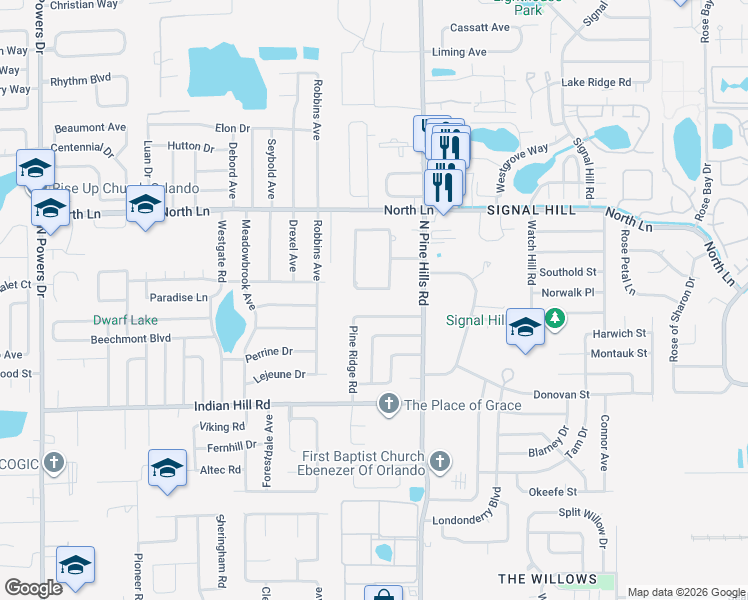map of restaurants, bars, coffee shops, grocery stores, and more near 5302 Pine Hills Circle in Orlando