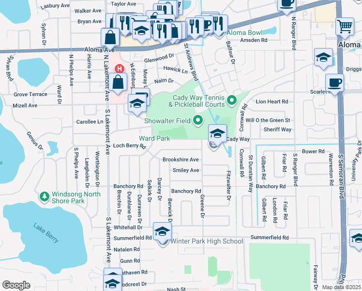 map of restaurants, bars, coffee shops, grocery stores, and more near 2305 Coldstream Drive in Winter Park