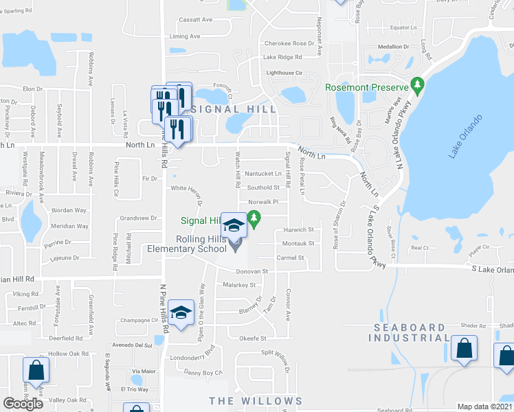 map of restaurants, bars, coffee shops, grocery stores, and more near 4818 Norwalk Place in Orlando