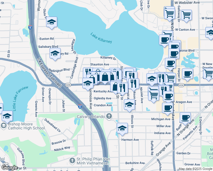 map of restaurants, bars, coffee shops, grocery stores, and more near 1888 Florida 426 in Winter Park