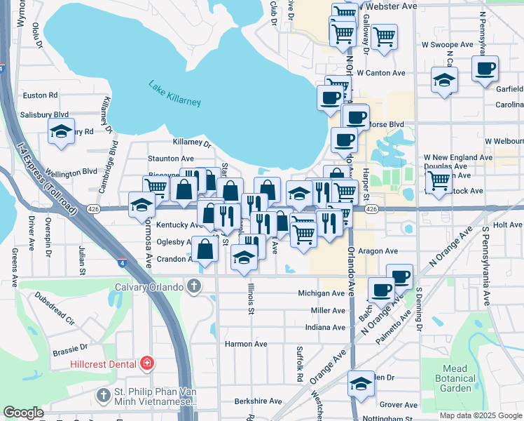 map of restaurants, bars, coffee shops, grocery stores, and more near 1566 Florida 426 in Winter Park