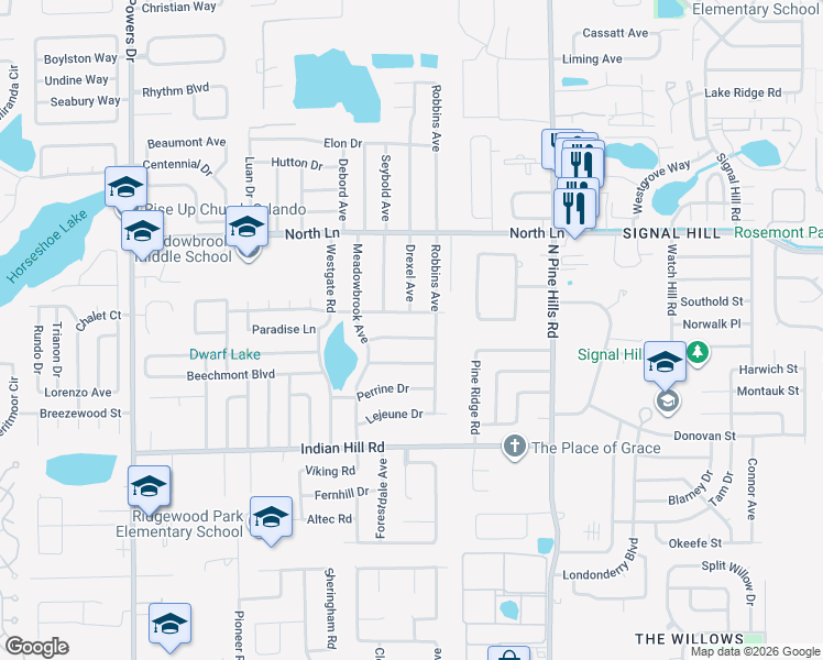 map of restaurants, bars, coffee shops, grocery stores, and more near 5609 Riordan Way in Orlando