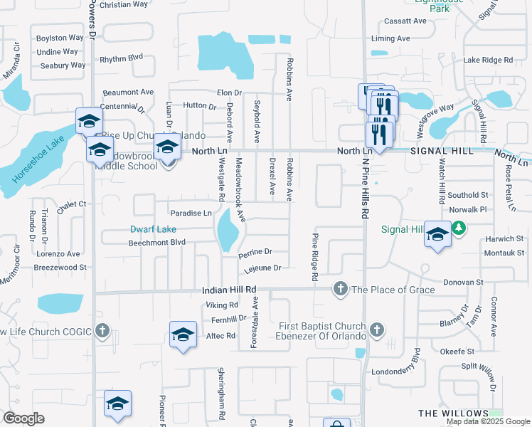 map of restaurants, bars, coffee shops, grocery stores, and more near 5609 Riordan Way in Orlando