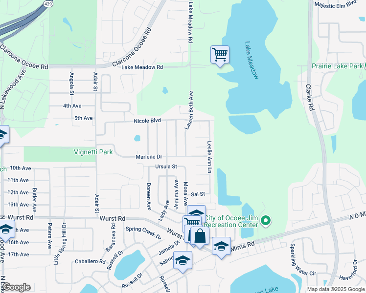 map of restaurants, bars, coffee shops, grocery stores, and more near 1906 Lauren Beth Avenue in Ocoee