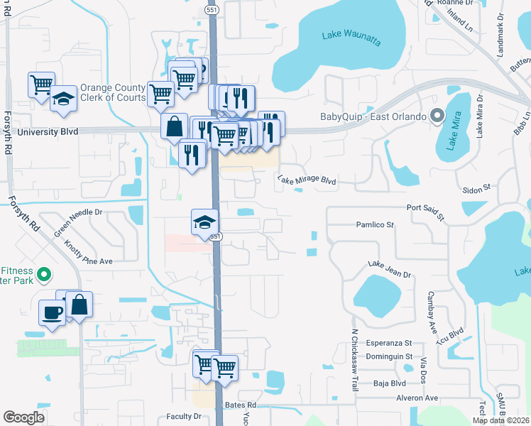 map of restaurants, bars, coffee shops, grocery stores, and more near 7630 University Garden Drive in Winter Park