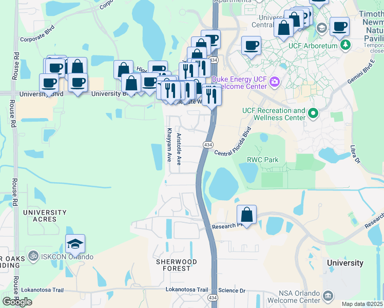 map of restaurants, bars, coffee shops, grocery stores, and more near 12100 Sterling University Lane in Orlando
