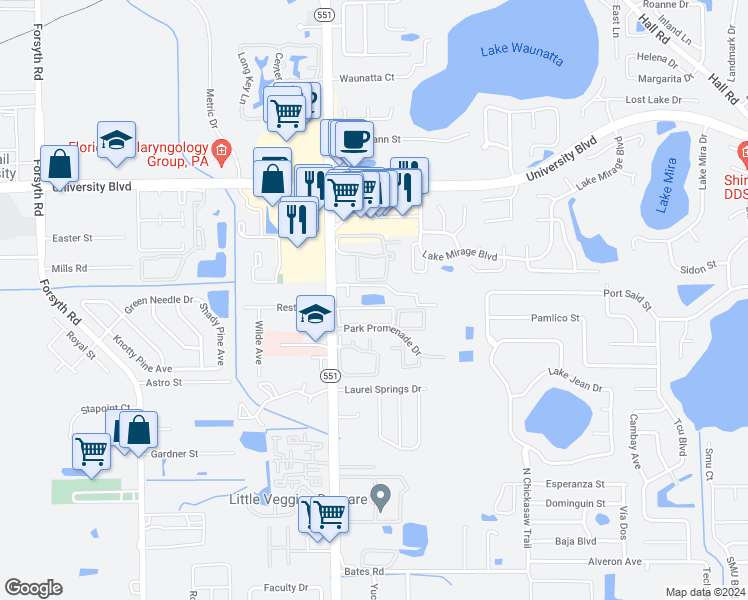 map of restaurants, bars, coffee shops, grocery stores, and more near 7612 University Garden Drive in Winter Park