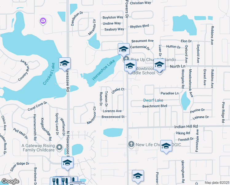map of restaurants, bars, coffee shops, grocery stores, and more near 6338 Chalet Court in Orlando