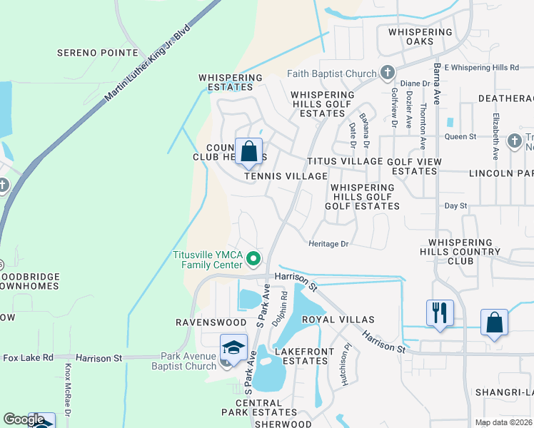 map of restaurants, bars, coffee shops, grocery stores, and more near 1850 South Park Avenue in Titusville